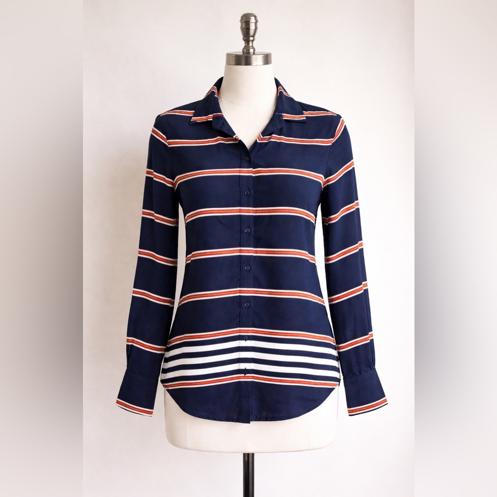 J.Crew 100% Silk Striped Button Up Blouse Navy Orange White Womens XXS